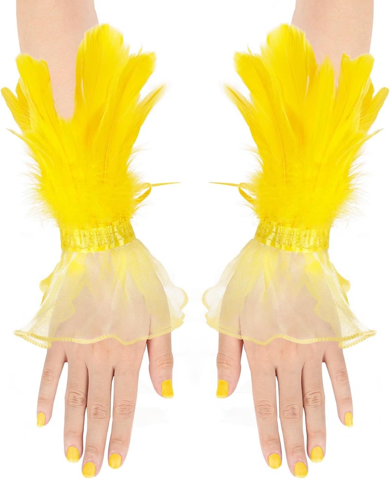 UQJE 2PCS Women's Lace Feather Long Gloves Gothic Mesh Cuff Wedding Halloween Party - Image 2